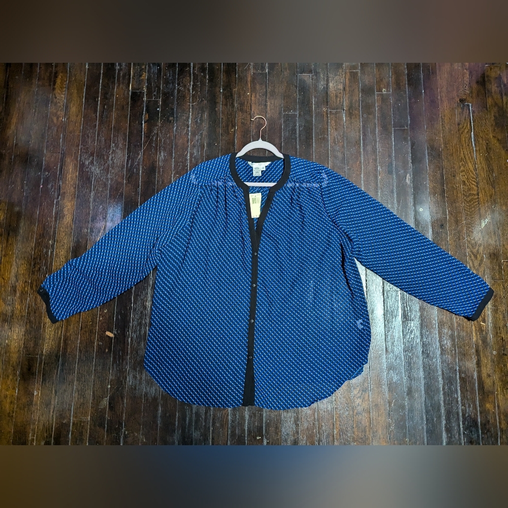 Max Studio Blue and Black Geometric Button Down Sheer Long Sleeve Blouse